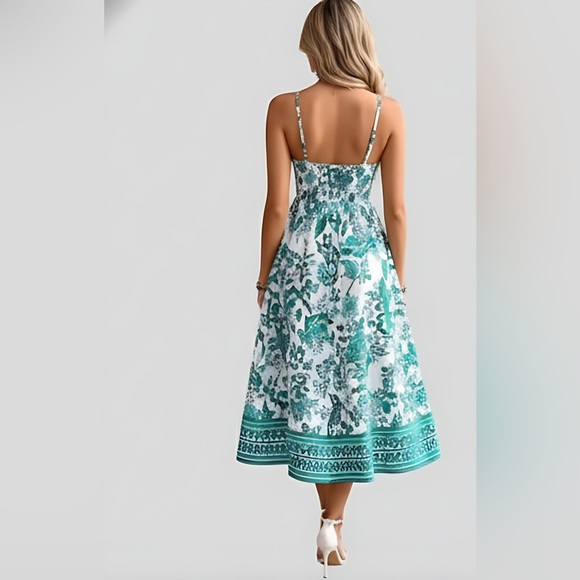 Boho Floral Cami Shirred Dress Turquoise - Picture 3 of 8